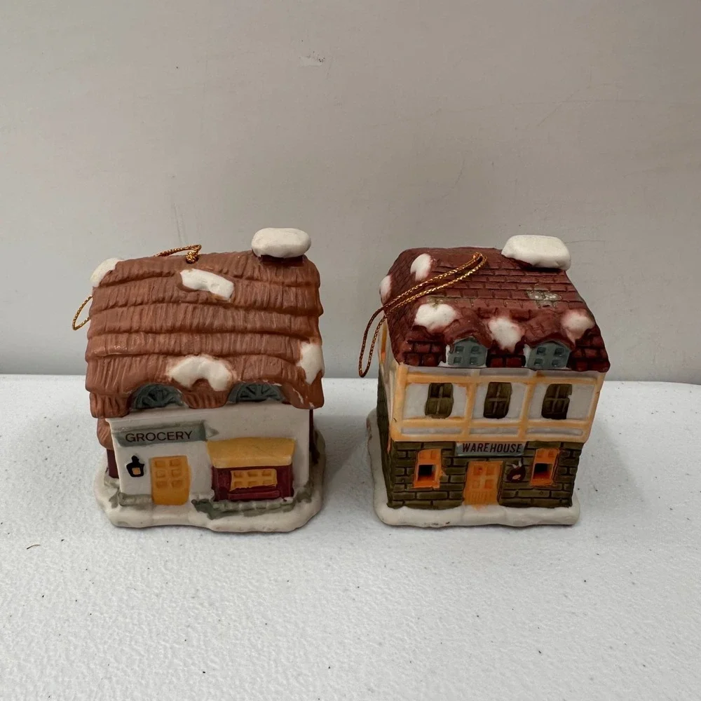 Vintage Porcelain Christmas Village House Bell Ornaments Set‎ 2 Pieces 1990